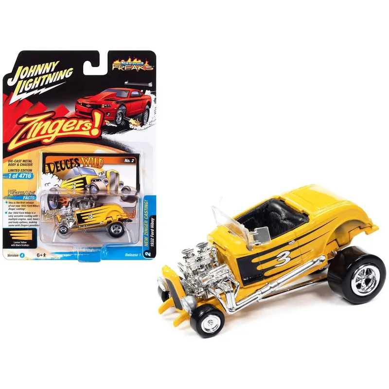 1932 Ford Hiboy #3 "Deuces Wild" Yellow With Black Graphics "Zingers!" Limited Edition To 4716 Pieces Worldwide "Street Freaks" Series 1/64 Diecast Model Car By Johnny Lightning 1
