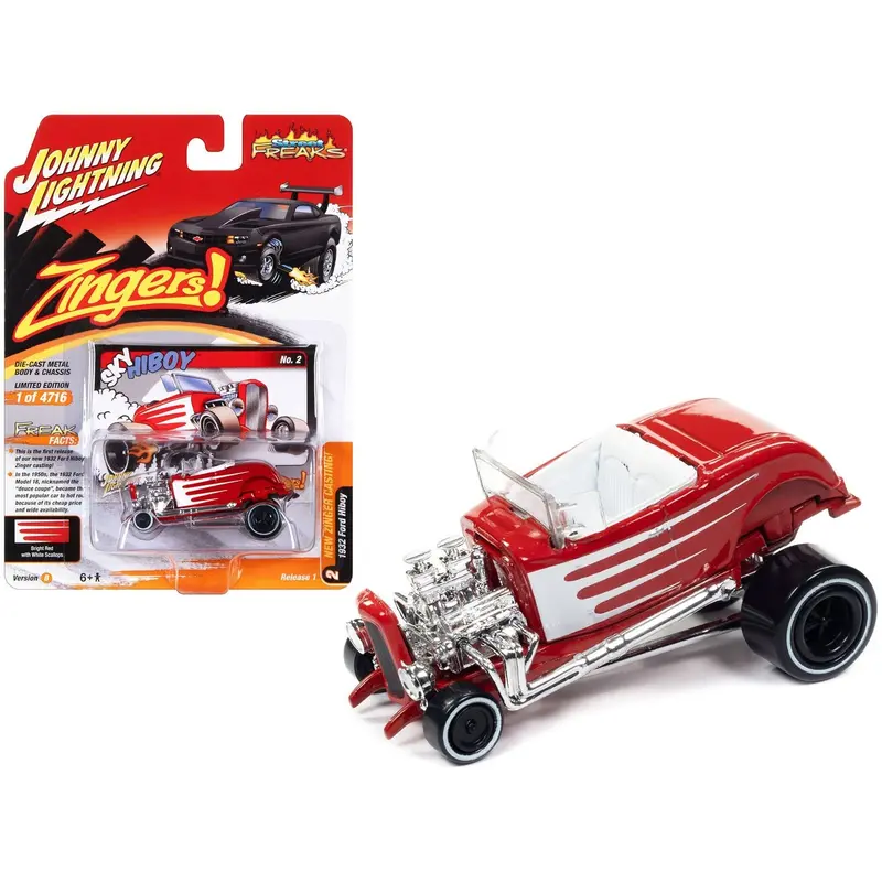 1932 Ford Hiboy "Sky Hiboy" Bright Red With White Graphics "Zingers!" Limited Edition To 4716 Pieces Worldwide "Street Freaks" Series 1/64 Diecast Model Car By Johnny Lightning 1