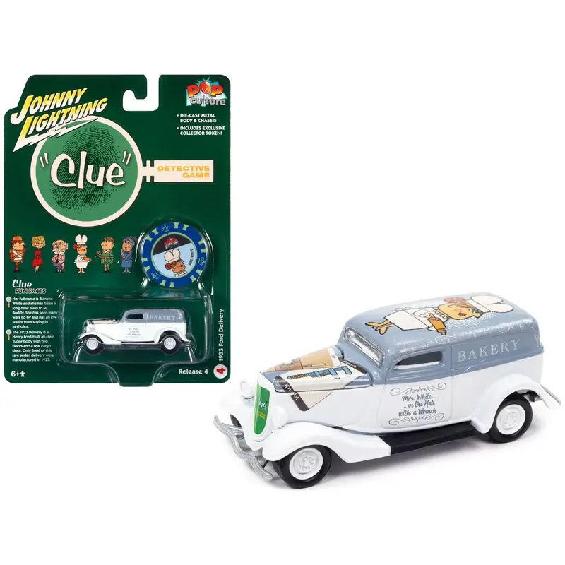 1933 Ford Delivery Van White With Gray Top (Mrs. White) With Poker Chip Collector's Token "Vintage Clue" "Pop Culture" 2022 Release 4 1/64 Diecast Model Car By Johnny Lightning 1