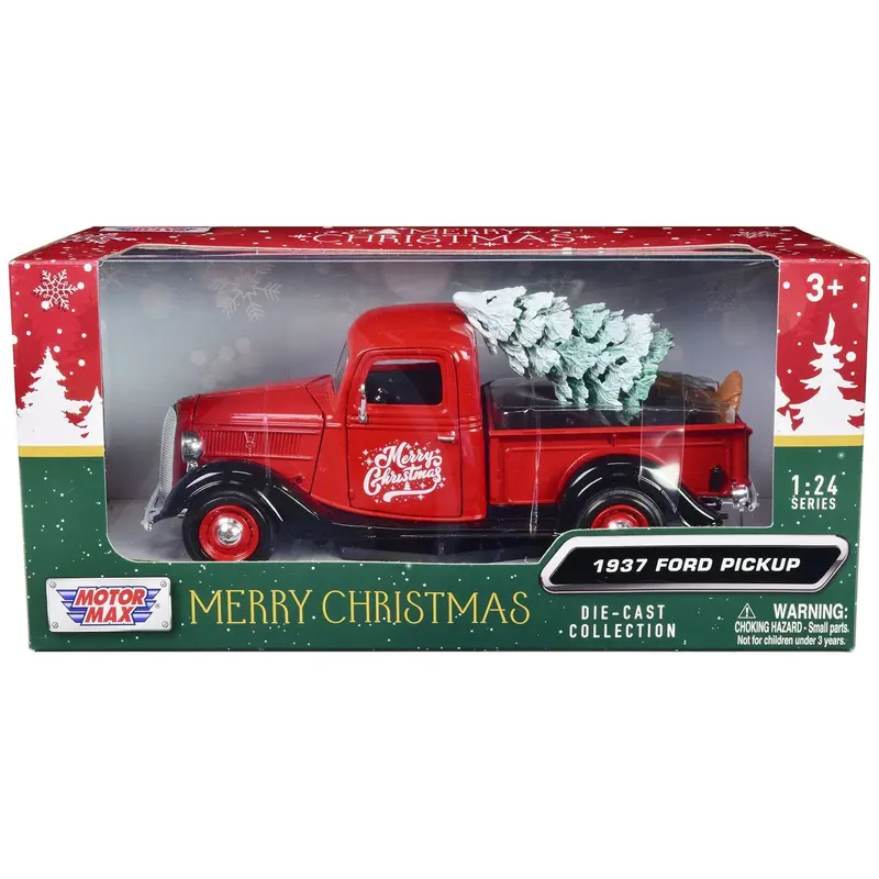 1937 Ford Pickup Truck Red And Black "Merry Christmas" With Tree Accessory 1/24 Diecast Model Car By Motormax 1