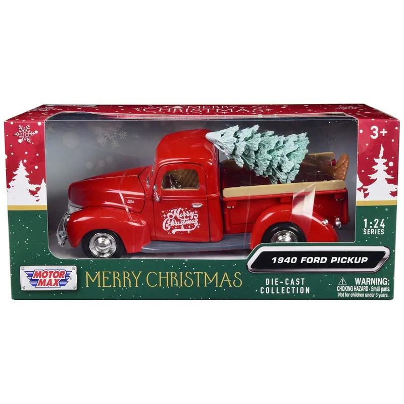 1940 Ford Pickup Truck Red "Merry Christmas" With Tree Accessory 1/24 Diecast Model Car By Motormax 1