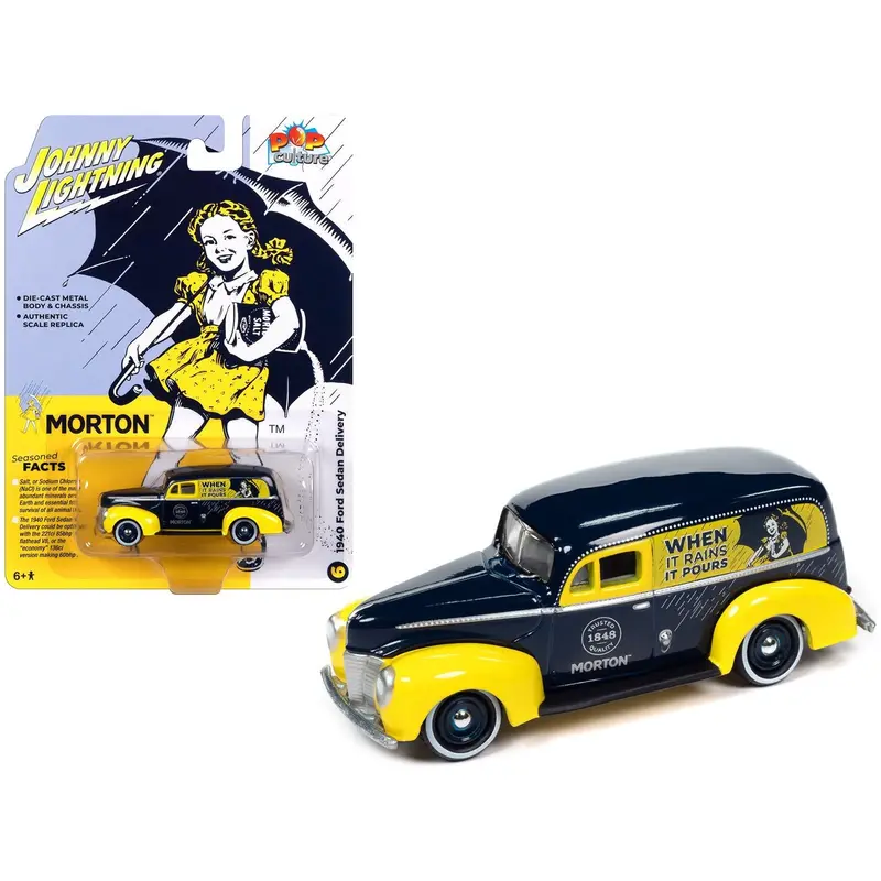 1940 Ford Sedan Delivery Dark Blue And Yellow "Morton Salt" "Pop Culture" 2023 Release 3 1/64 Diecast Model Car By Johnny Lightning 1
