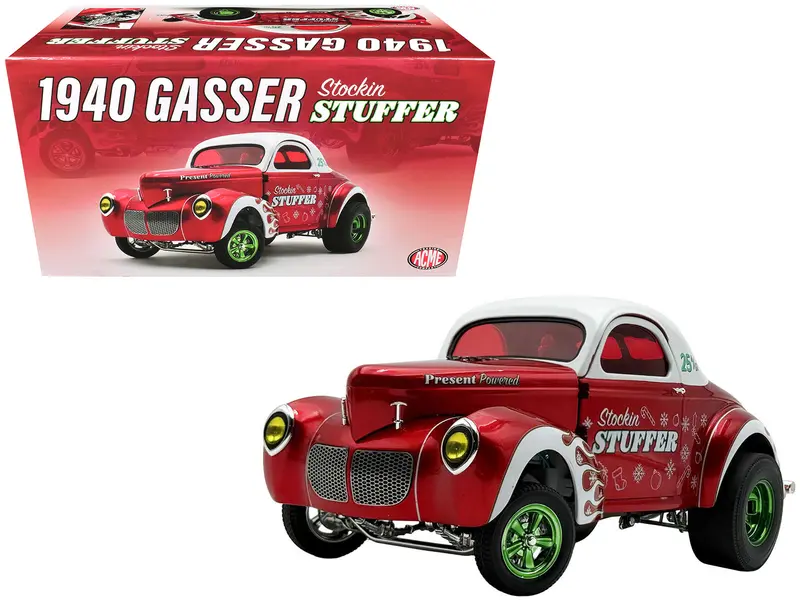1940 Gasser "Stockin Stuffer" Red Chrome With White Top And Graphics Limited Edition To 126 Pieces Worldwide 1/18 Diecast Model Car By Acme 1