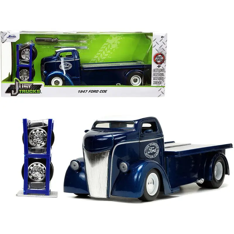 1947 Ford Coe Flatbed Truck Dark Blue Metallic With White Top "The Famous Motor Cars" With Extra Wheels "Just Trucks" Series 1/24 Diecast Model By Jada 1