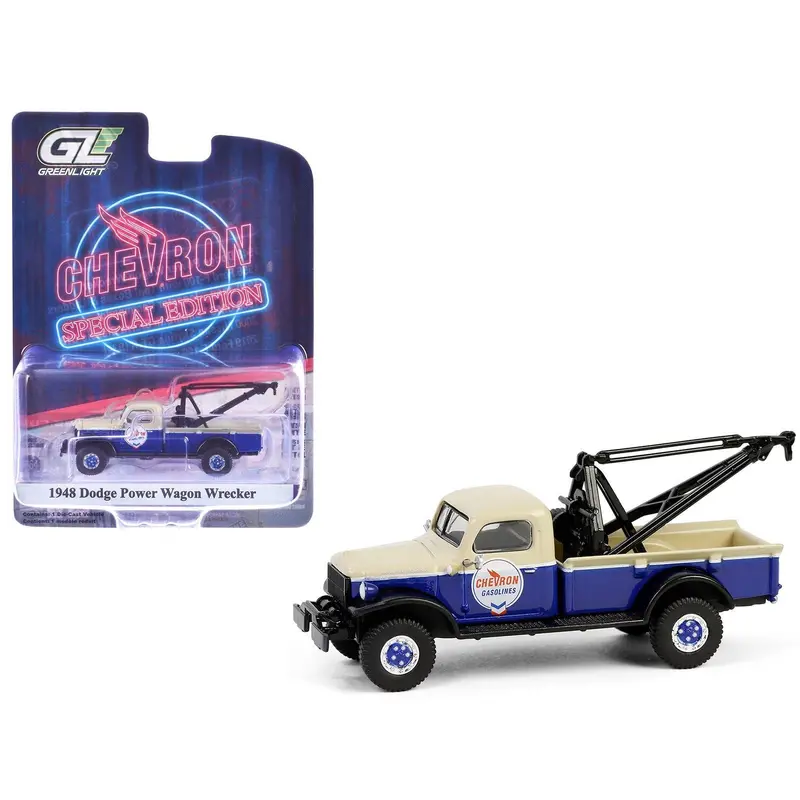 1948 Dodge Power Wagon Wrecker Tow Truck Beige And Blue "Chevron Special Edition" Series 1 1/64 Diecast Model Car By Greenlight 1