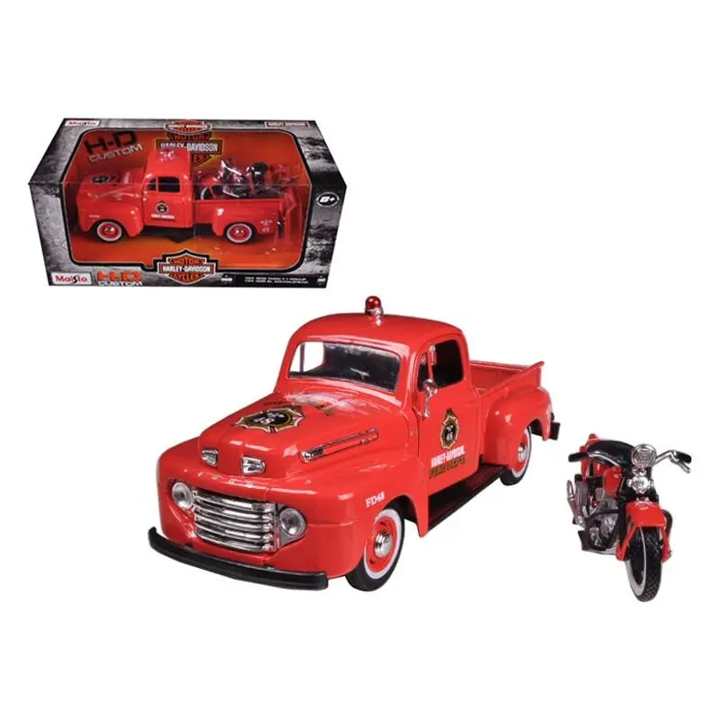 1948 Ford F-1 Pickup Truck "Harley Davidson" Fire Truck And 1936 El Knucklehead Motorcycle 1/24 Diecast Models By Maisto 1