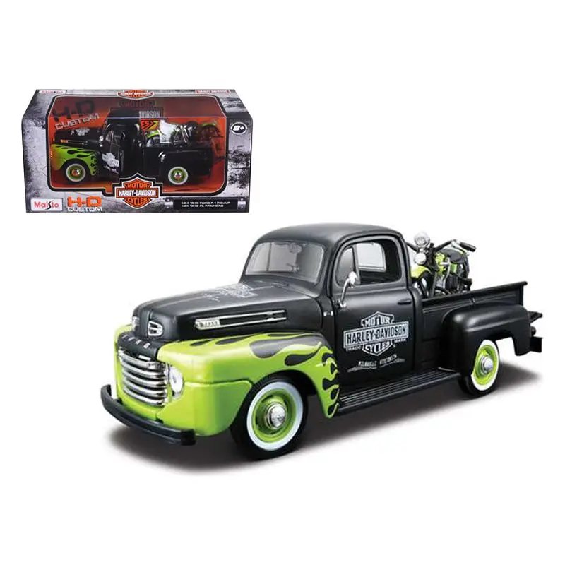 1948 Ford F-1 Pickup Truck "Harley Davidson" With 1948 Harley Davidson Fl Panhead Motorcycle Black And Green 1/24 Diecast Models By Maisto 1