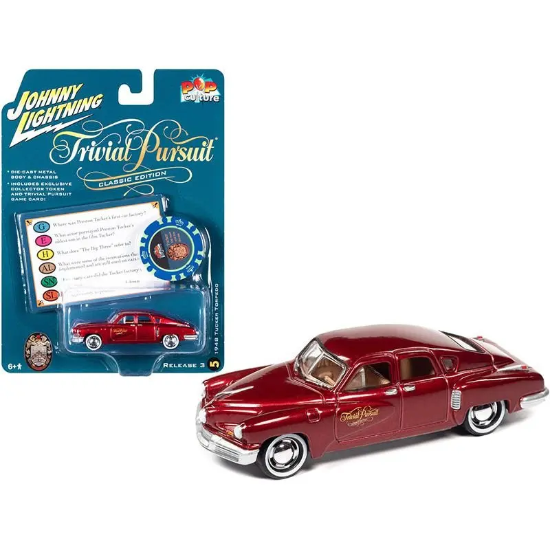 1948 Tucker Torpedo Red Maroon Metallic "Tucker: The Man And His Dream" (1988) Movie With Poker Chip (Collector Token) And Game Card "Trivial Pursuit" "Pop Culture" Series 3 1/64 Diecast Model Car By Johnny Lightning 1