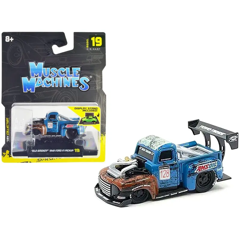 1949 Ford F1 Pickup Truck #128 "Old Smokey" Blue And Brown (Weathered) 1/64 Diecast Model Car By Muscle Machines 1