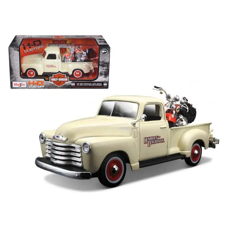 1950 Chevrolet 3100 Pickup Truck Cream 1/25 And 2001 Flsts Heritage Springer Motorcycle Orange 1/24 "Harley-Davidson Custom" Series Diecast Models By Maisto 1