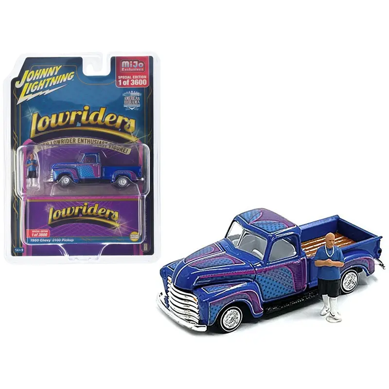 1950 Chevrolet 3100 Pickup Truck Lowrider Blue With Graphics And Diecast Figure Limited Edition To 3600 Pieces Worldwide 1/64 Diecast Model Car By Johnny Lightning 1
