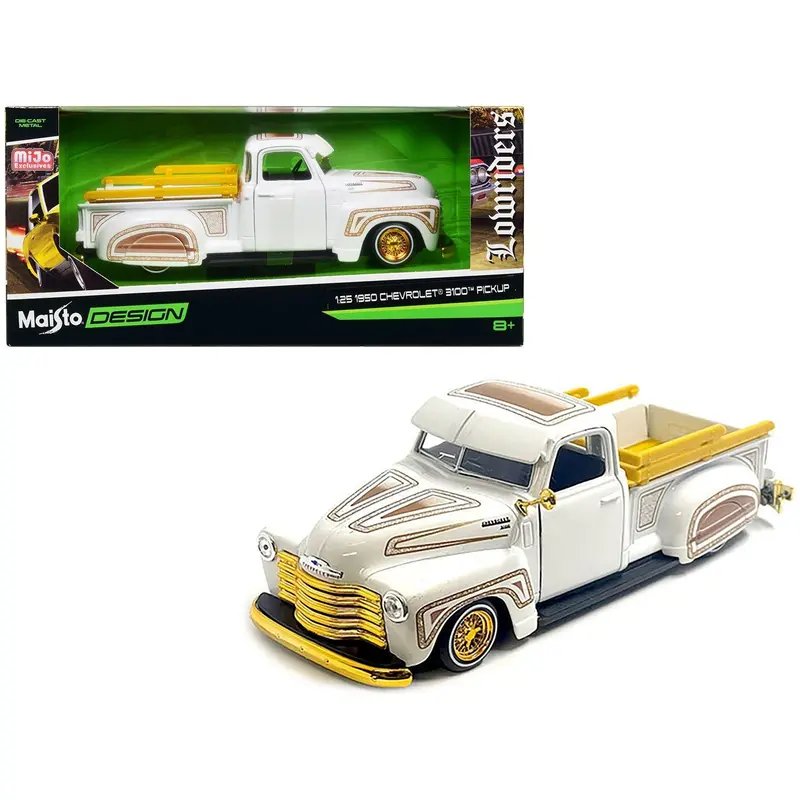1950 Chevrolet 3100 Pickup Truck Lowrider White With Graphics And Gold Wheels "Lowriders" Series 1/25 Diecast Model Car By Maisto 1