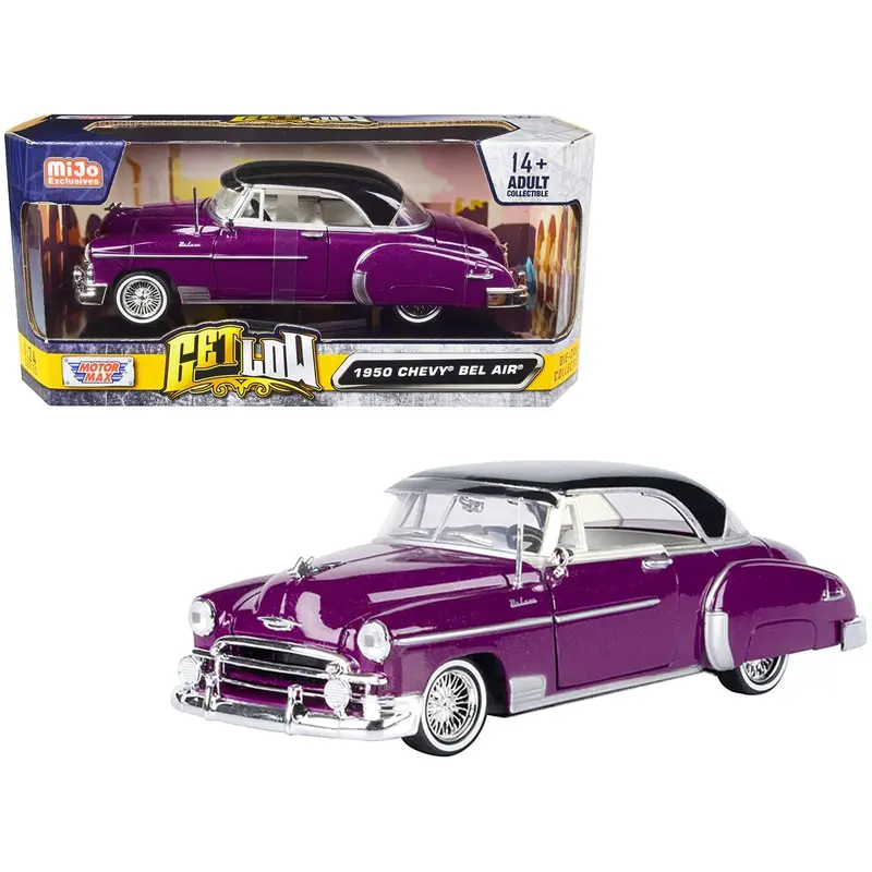 1950 Chevrolet Bel Air Lowrider Purple Metallic With Black Top And White Interior "Get Low" Series 1/24 Diecast Model Car By Motormax 1