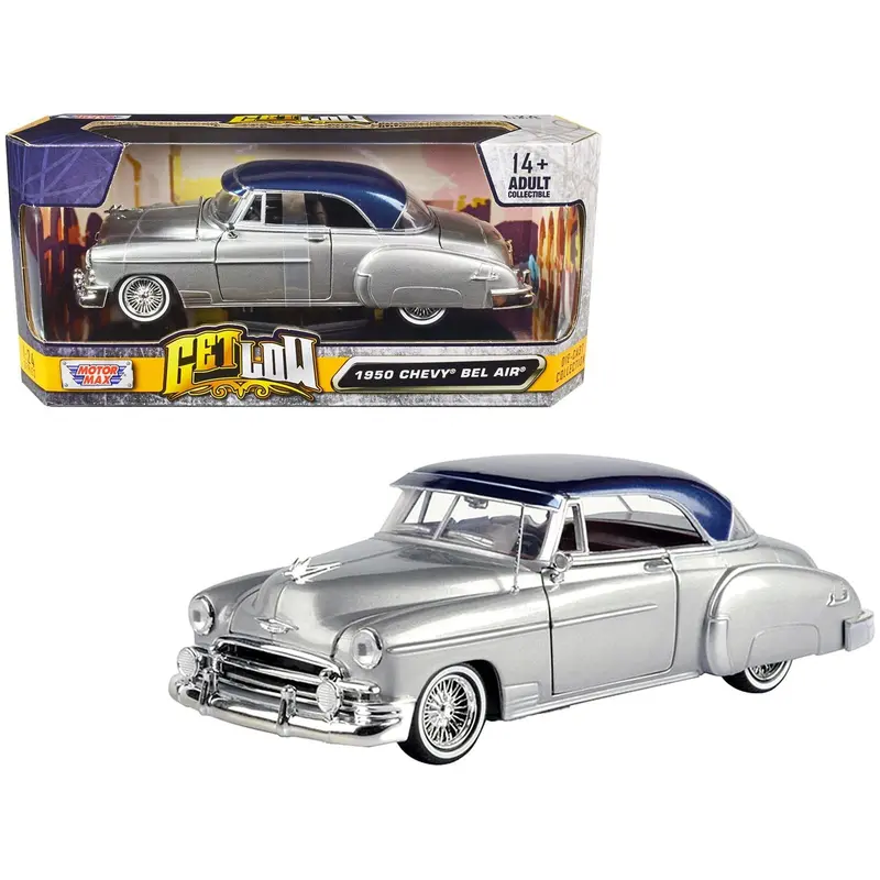 1950 Chevrolet Bel Air Lowrider Silver Metallic With Blue Metallic Top "Get Low" Series 1/24 Diecast Model Car By Motormax 1
