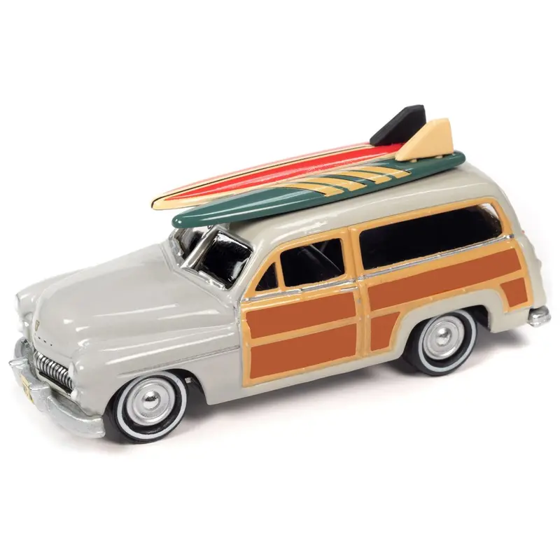 1950 Mercury Woody Wagon Dakota Gray With Wood Panels & Surfboards On Roof & 1959 Cadillac Ambulance Dull Red W/ Surfboards On Roof Cocoa Beach Rescue Patrol Surf Rods "Set Of 2" Cars 2-Packs 2023 Release 2 1/64 Diecast Model Cars By Johnny Lightning 1
