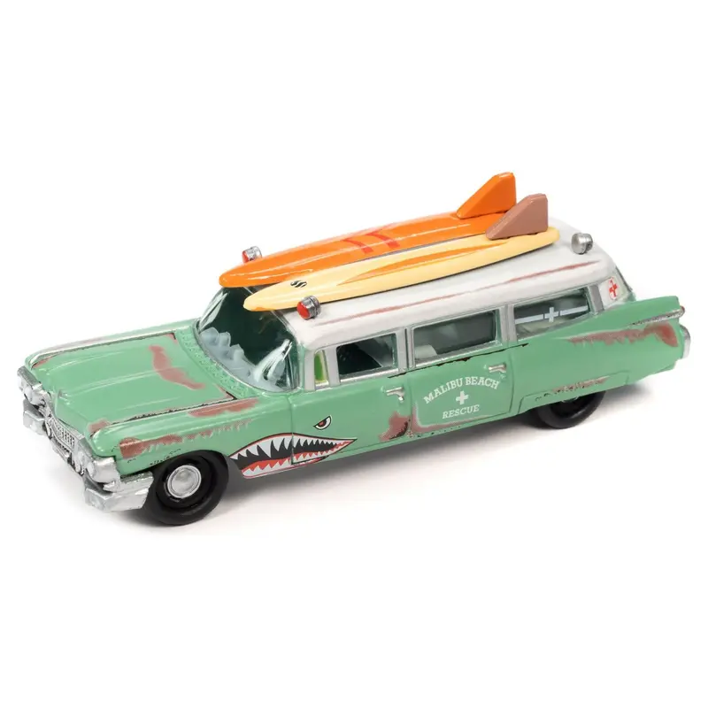 1950 Mercury Woody Wagon Matt Black W/ Wood Panels "Nomad Surf Shop" & 1959 Cadillac Ambulance Teal W/ Surf Shark Graphics & White Top Rusted "Malibu Beach Rescue" "Surf Rods" Set 2 Cars 2-Packs 2023 Release 2 1/64 Diecast Models By Johnny Lightning 1