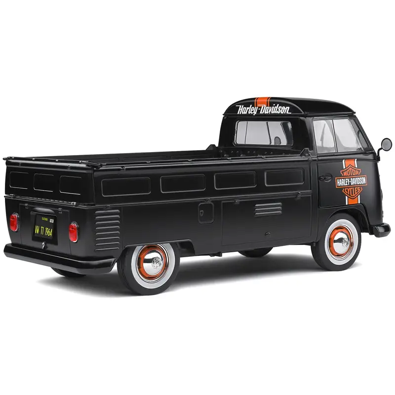 1950 Volkswagen T1 Custom Pickup Truck Matt Black With Orange Stripes "Harley Davidson" With Surfboard Accessory 1/18 Diecast Model Car By Solido 1