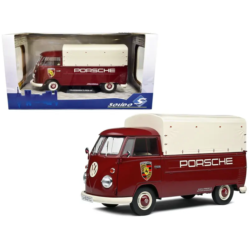 1950 Volkswagen T1 Pickup Truck With Camper Shell Dark Red "Porsche Service" 1/18 Diecast Model Car By Solido 1