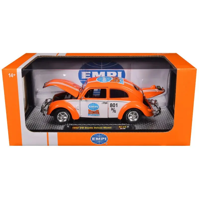 1952 Volkswagen Beetle Deluxe Model "Empi Power Rules" Orange And White With Graphics Limited Edition To 6650 Pieces Worldwide 1/24 Diecast Model Car By M2 Machines 1