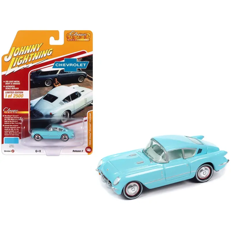 1954 Chevrolet Corvair Concept Car Sky Blue With Light Blue Interior "Classic Gold Collection" 2023 Release 2 Limited Edition To 2500 Pieces Worldwide 1/64 Diecast Model Car By Johnny Lightning 1