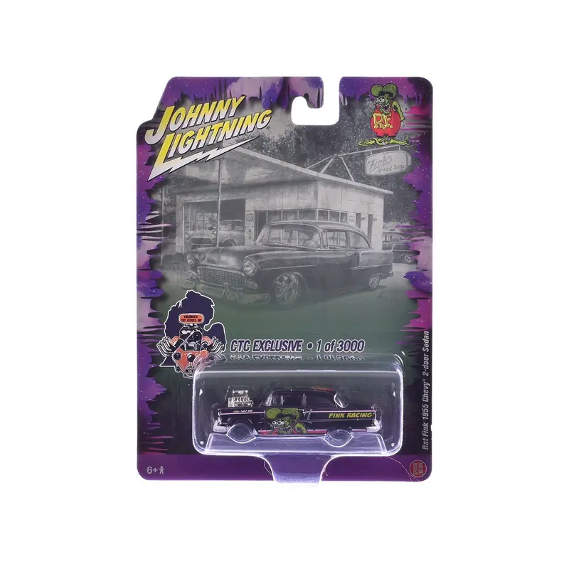 1955 Chevrolet 2-Door Sedan "Rat Fink Racing" Black With Graphics "Ctc Exclusive" Series Limited Edition To 3000 Pieces Worldwide 1/64 Diecast Model Car By Johnny Lightning 1