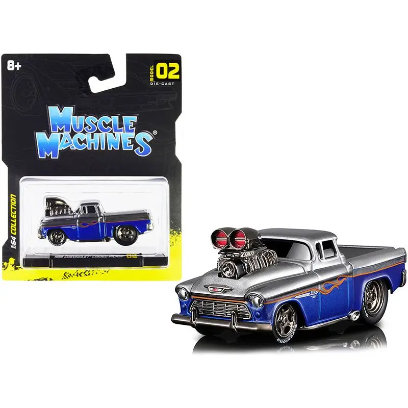 1955 Chevrolet Cameo Pickup Truck Gray And Blue Metallic With Flames 1/64 Diecast Model Car By Muscle Machines 1
