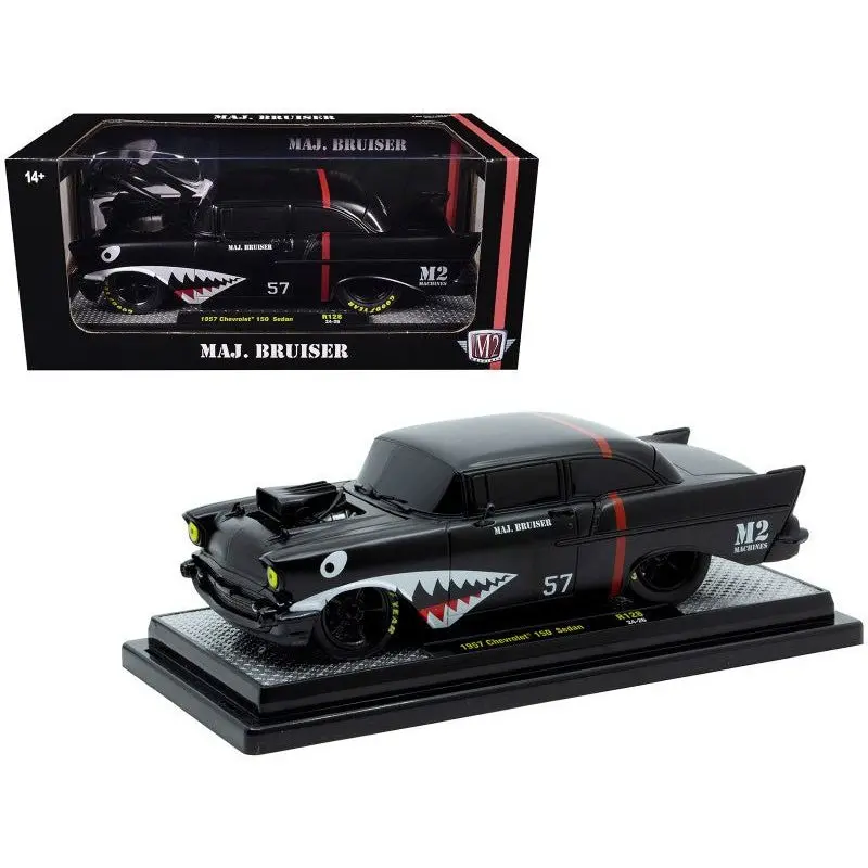 1957 Chevrolet 150 Sedan "Maj. Bruiser" Matt Black With Red Stripe And Shark Mouth Graphics Limited Edition To 6650 Pieces Worldwide 1/24 Diecast Model Car By M2 Machines 1