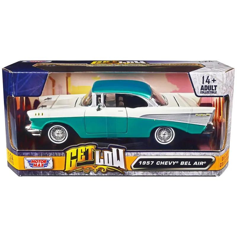 1957 Chevrolet Bel Air Lowrider Turquoise Metallic And White "Get Low" Series 1/24 Diecast Model Car By Motormax 1