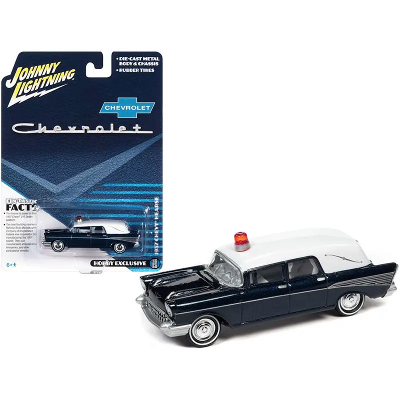 1957 Chevrolet Hearse Metisse Blue Metallic With White Top 1/64 Diecast Model Car By Johnny Lightning 1