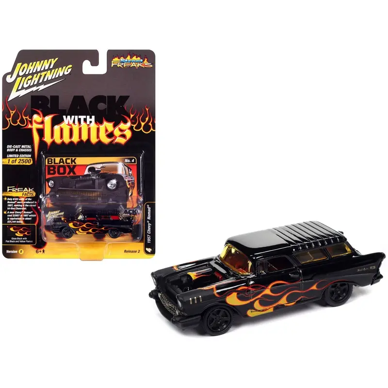 1957 Chevrolet Nomad "Black Box" Black With Red And Yellow Flames "Black With Flames" Limited Edition To 2500 Pieces Worldwide "Street Freaks" Series 1/64 Diecast Model Car By Johnny Lightning 1