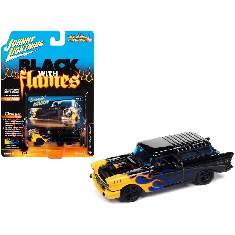 1957 Chevrolet Nomad "Draggin' Wagon" Black With Blue And Yellow Flames "Black With Flames" Limited Edition To 2500 Pieces Worldwide "Street Freaks" Series 1/64 Diecast Model Car By Johnny Lightning 1