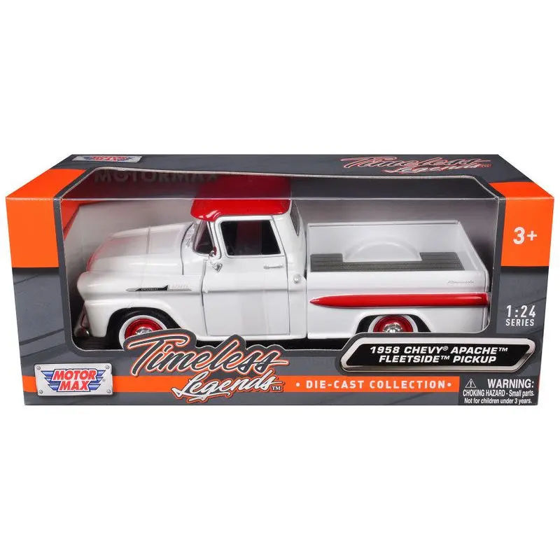 1958 Chevrolet Apache Fleetside Pickup Truck White With Red Top "Timeless Legends" Series 1/24 Diecast Model Car By Motormax 1