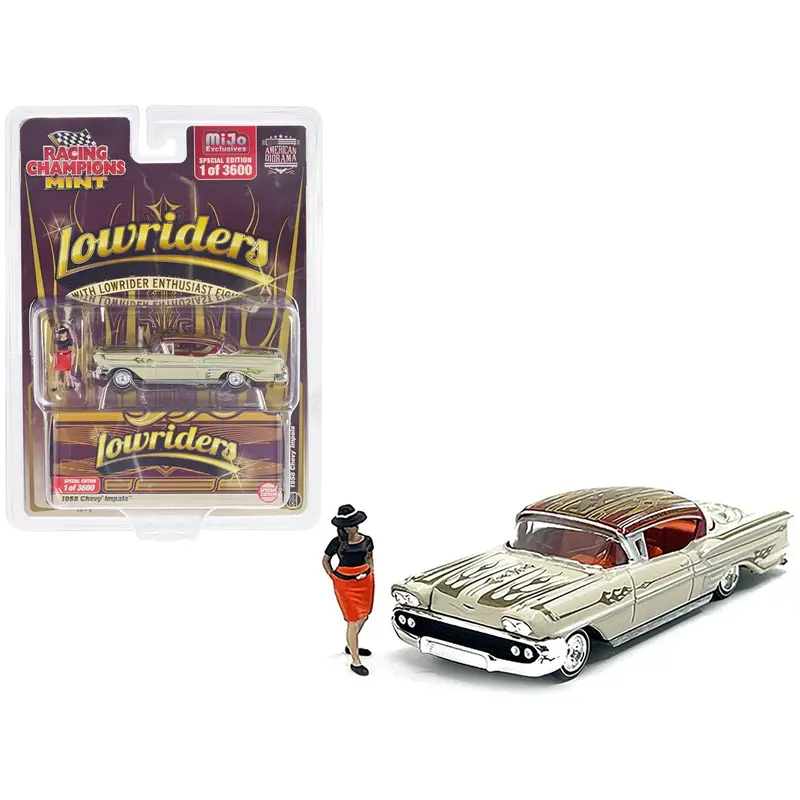1958 Chevrolet Impala Lowrider Beige With Graphics And Orange Interior With Diecast Figure Limited Edition To 3600 Pieces Worldwide 1/64 Diecast Model Car By Racing Champions 1