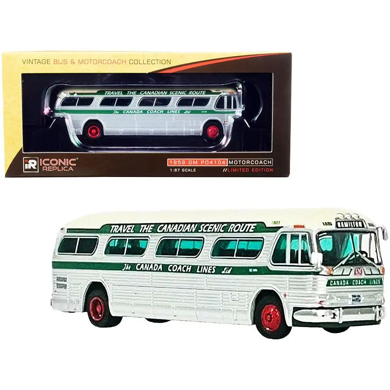 1959 Gm Pd4104 Motorcoach Bus "Hamilton" "Canada Coach Lines" Silver And Cream With Green Stripes "Vintage Bus & Motorcoach Collection" 1/87 (Ho) Diecast Model By Iconic Replicas 1