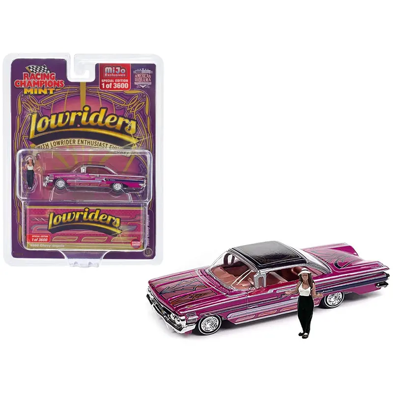 1960 Chevrolet Impala Lowrider Hot Pink Metallic With Black Top And Graphics And Diecast Figure Limited Edition To 3600 Pieces Worldwide 1/64 Diecast Model Car By Racing Champions 1