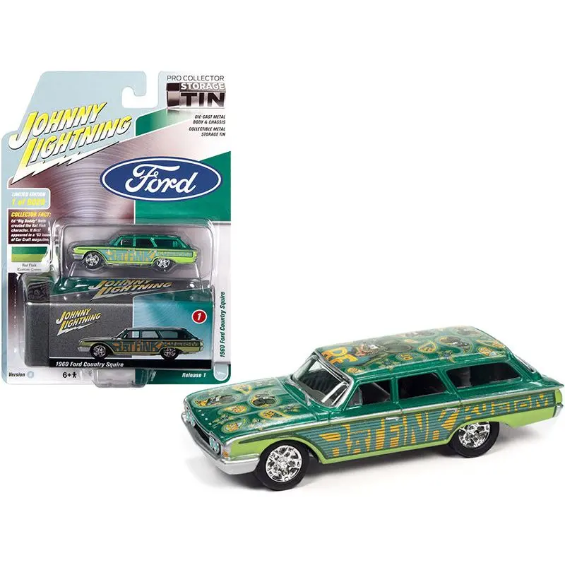1960 Ford Country Squire "Rat Fink" Kustom Green And Teal With Graphics And Collector Tin Limited Edition To 6020 Pieces Worldwide 1/64 Diecast Model Car By Johnny Lightning 1