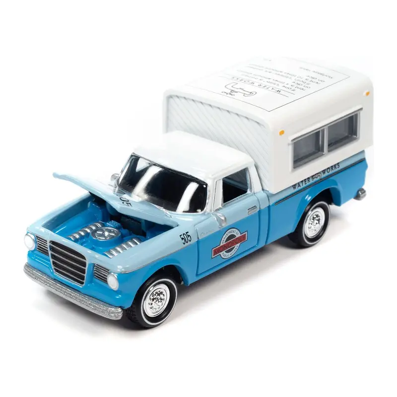 1960 Studebaker Pickup Truck Light Blue And Blue Two-Tone With Camper "Water Works" With Game Token "Monopoly" "Pop Culture" 2023 Release 2 1/64 Diecast Model Car By Johnny Lightning 1