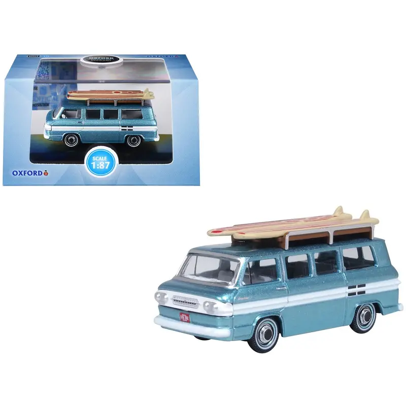 1961 Chevrolet Corvair Greenbrier Passenger Wagon Van Turquoise Metallic And Cameo White With Surfboards On Roof 1/87 (Ho) Scale Diecast Model Car By Oxford Diecast 1