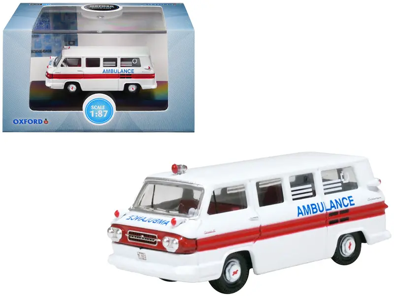 1962 Chevrolet Corvair Greenbrier Amblewagon Ambulance White With Red Stripes 1/87 (Ho) Scale Diecast Model Car By Oxford Diecast 1