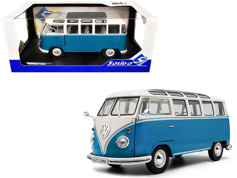 1962 Volkswagen T1 Samba Bus Baby Blue And White 1/18 Diecast Model Car By Solido 1