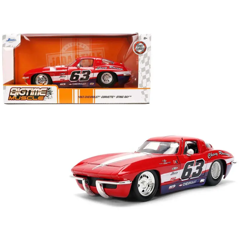 1963 Chevrolet Corvette Stingray #63 "Chevy Racing" Red With White And Blue Stripes "Bigtime Muscle" Series 1/24 Diecast Model Car By Jada 1