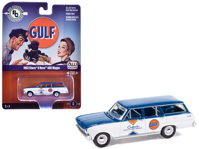 1963 Chevrolet Ii Nova 400 Wagon "Gulf" Blue And White With Blue Interior "Big Country Collectibles" 2025 Series 1/64 Diecast Model Car By Auto World 1