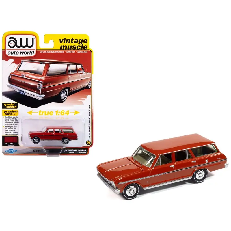 1963 Chevrolet Ii Nova 400 Wagon Riverside Red "Vintage Muscle" Series 1/64 Diecast Model Car By Auto World 1