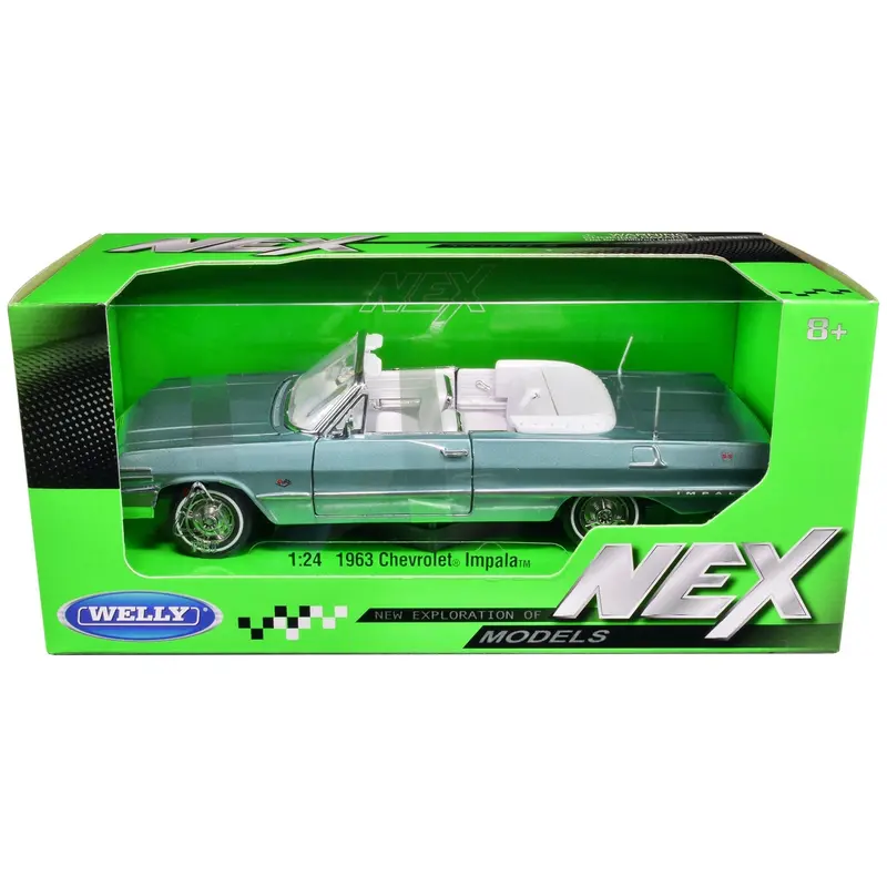 1963 Chevrolet Impala Convertible Light Blue Metallic With White Interior "Nex Models" 1/24 Diecast Model Car By Welly 1