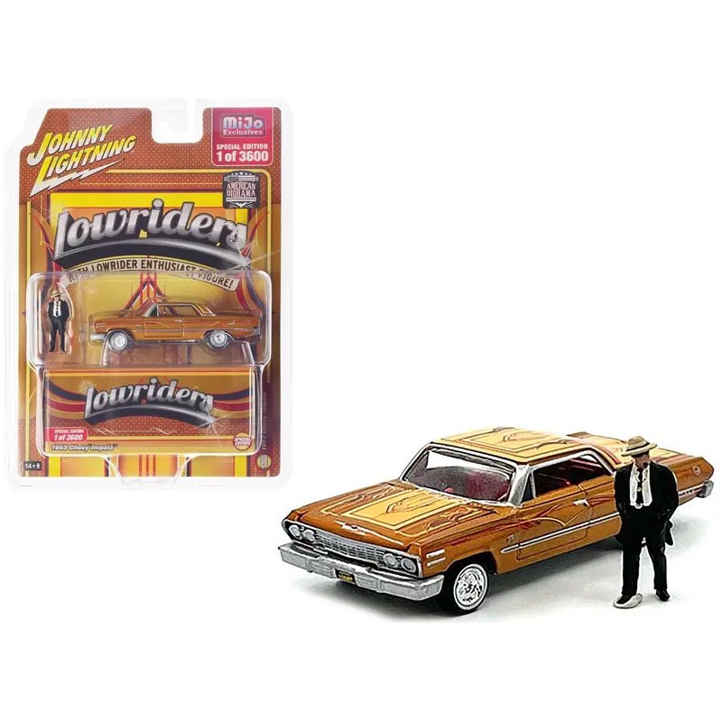 1963 Chevrolet Impala Lowrider Orange With Graphics And Diecast Figure Limited Edition To 3600 Pieces Worldwide 1/64 Diecast Model Car By Johnny Lightning 1