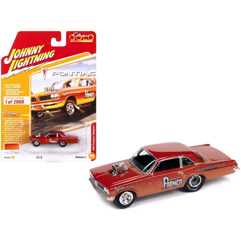 1963 Pontiac Tempest "Funny Farmer" Orange And Gold Metallic "Classic Gold Collection" 2023 Release 2 Limited Edition To 2908 Pieces Worldwide 1/64 Diecast Model Car By Johnny Lightning 1