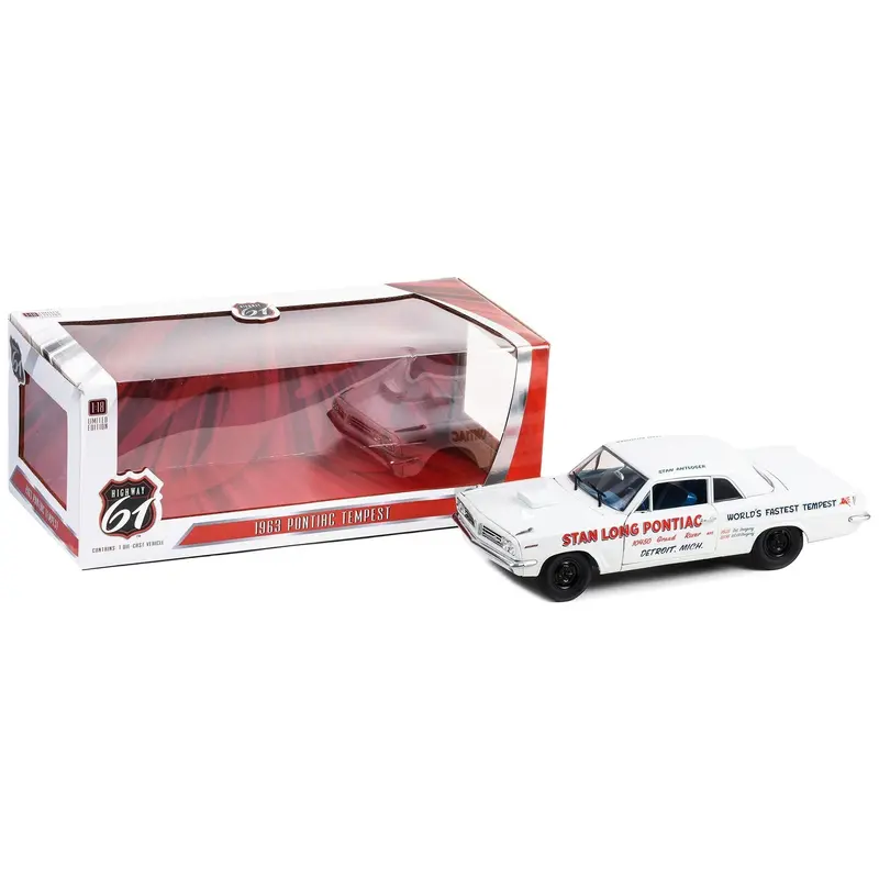 1963 Pontiac Tempest White With Blue Interior "Stan Long Pontiac Detroit Michigan - World's Fastest Tempest" Driven By Stan Antlocer 1/18 Diecast Model Car By Highway 61 1