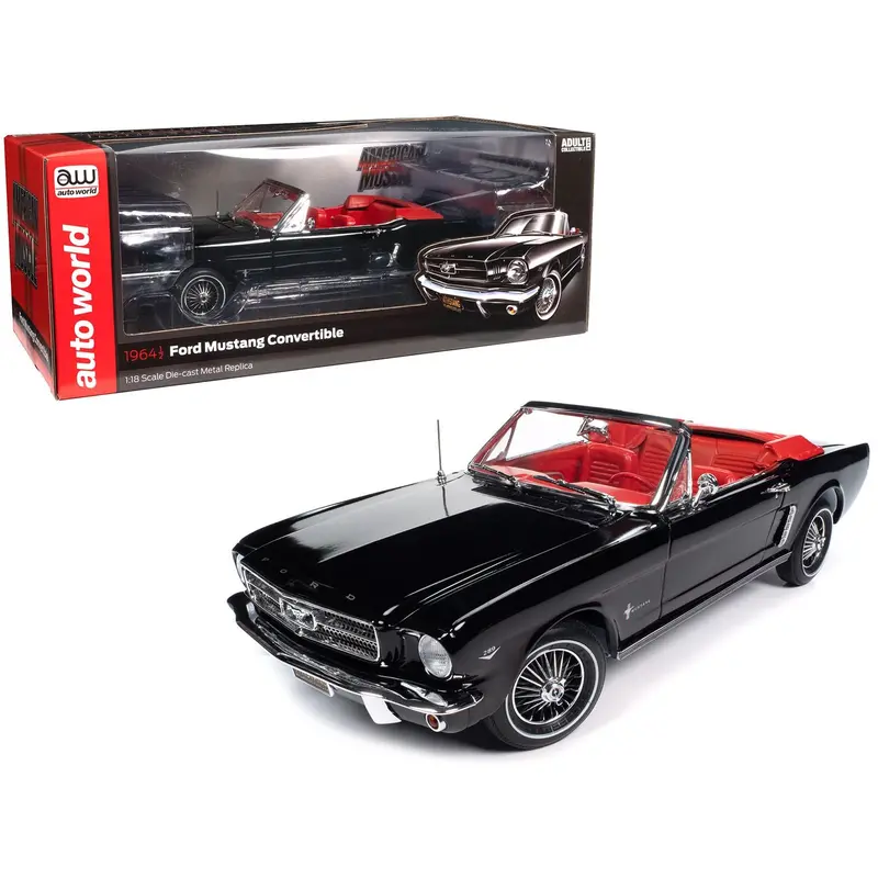1964 1/2 Ford Mustang Convertible Raven Black With Red Interior "American Muscle" Series 1/18 Diecast Model Car By Auto World 1