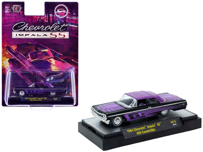 1964 Chevrolet Impala Ss 409 Convertible Black Metallic With Purple Graphics And Purple Soft Top Limited Edition To 11000 Pieces Worldwide 1/64 Diecast Model Car By M2 Machines 1