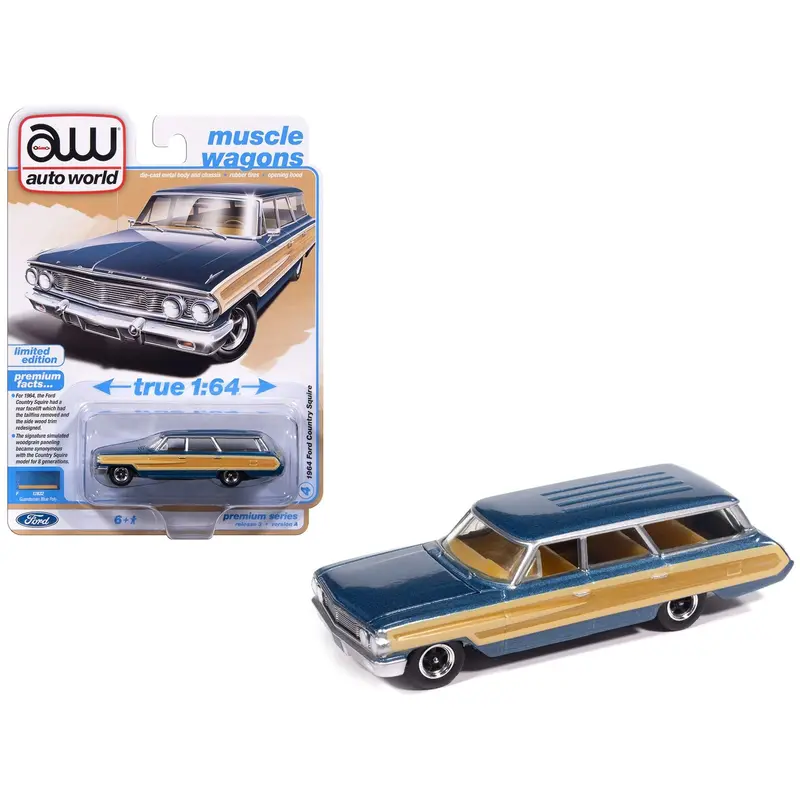 1964 Ford Country Squire Guardsman Blue Metallic With Woodgrain Sides "Muscle Wagons" Series 1/64 Diecast Model Car By Auto World 1